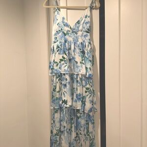 Blue and green floral midi dress.